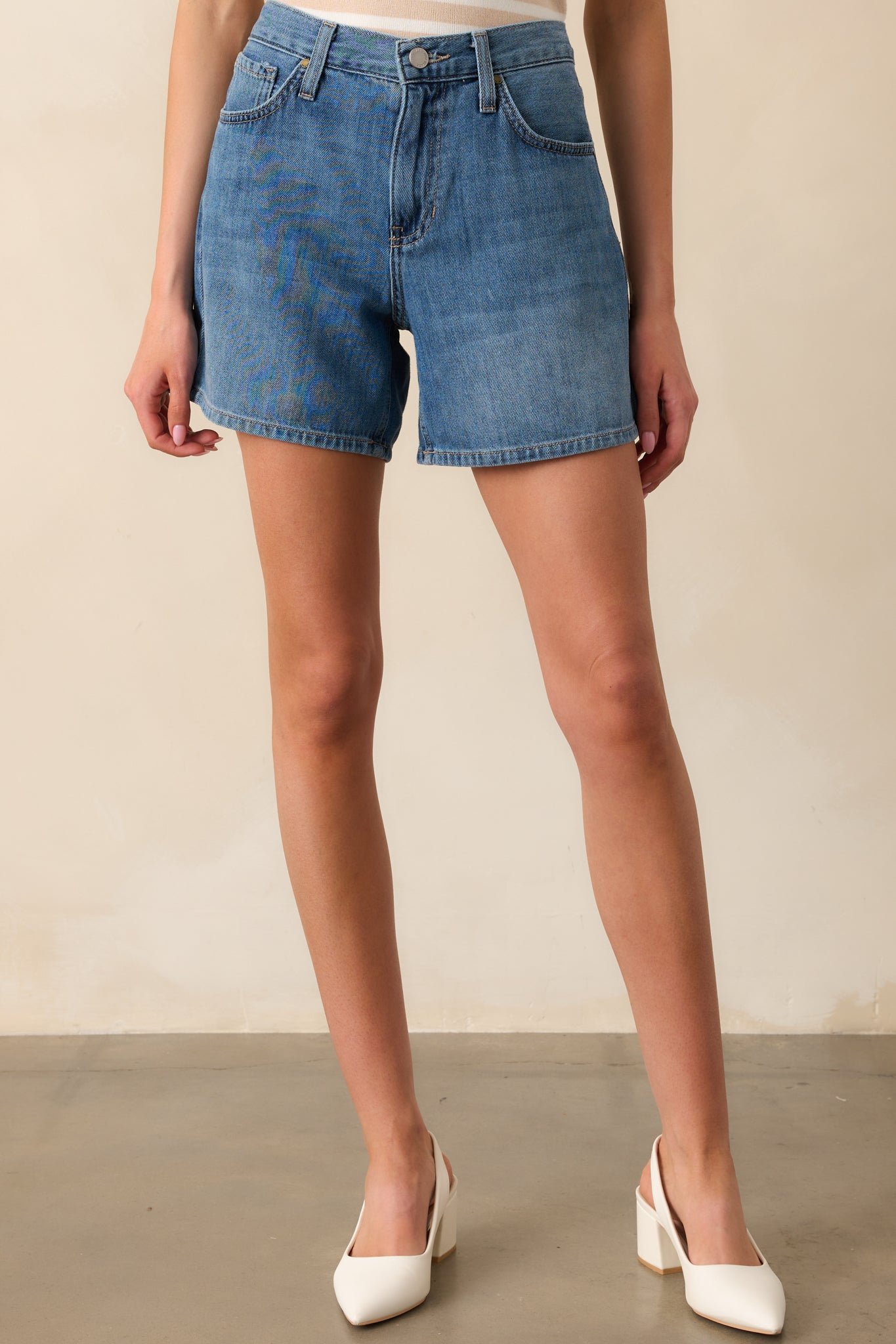 Living Simply Medium Wash High Waisted Denim Shorts - Image 3