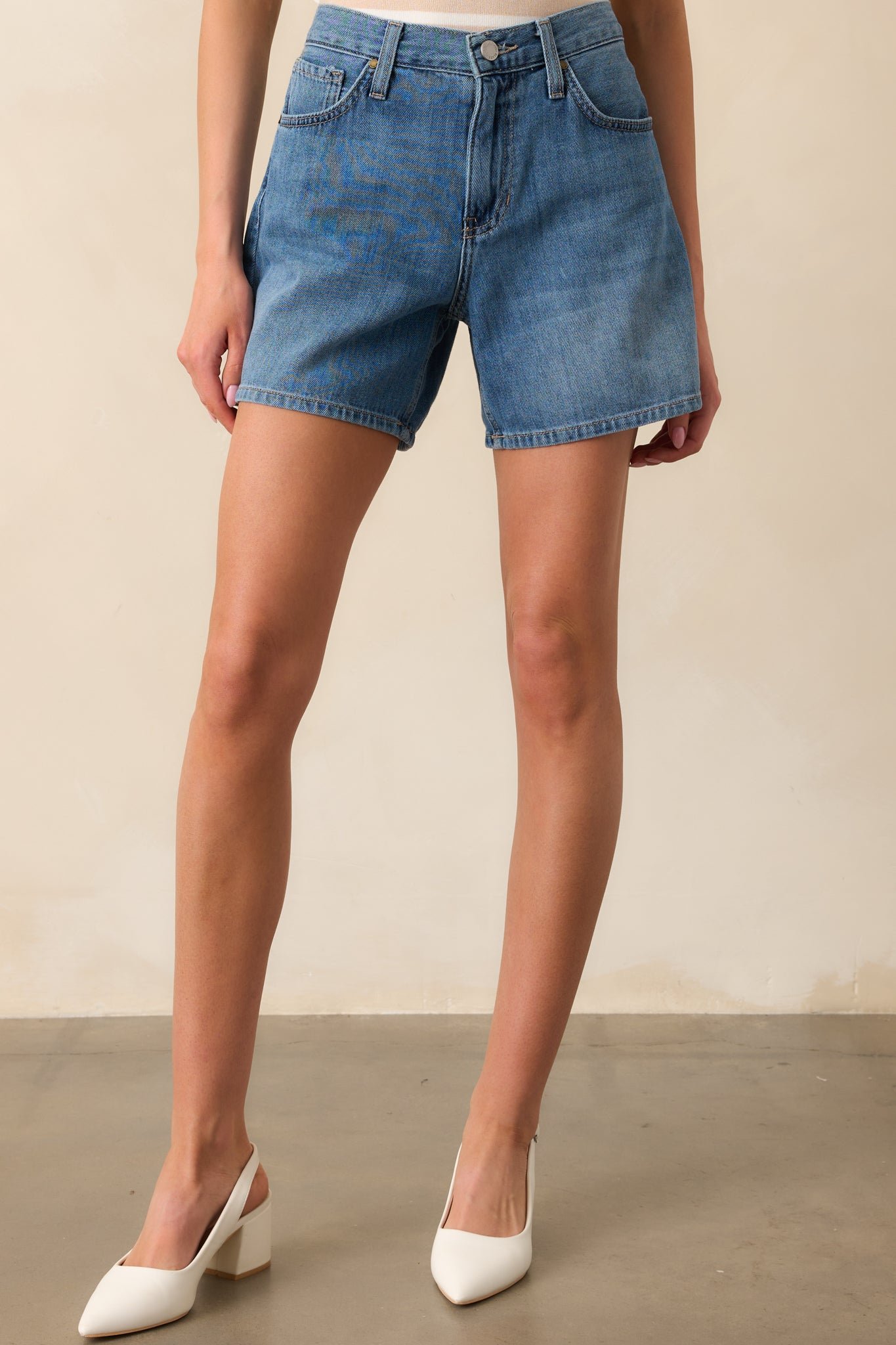Living Simply Medium Wash High Waisted Denim Shorts - Image 6