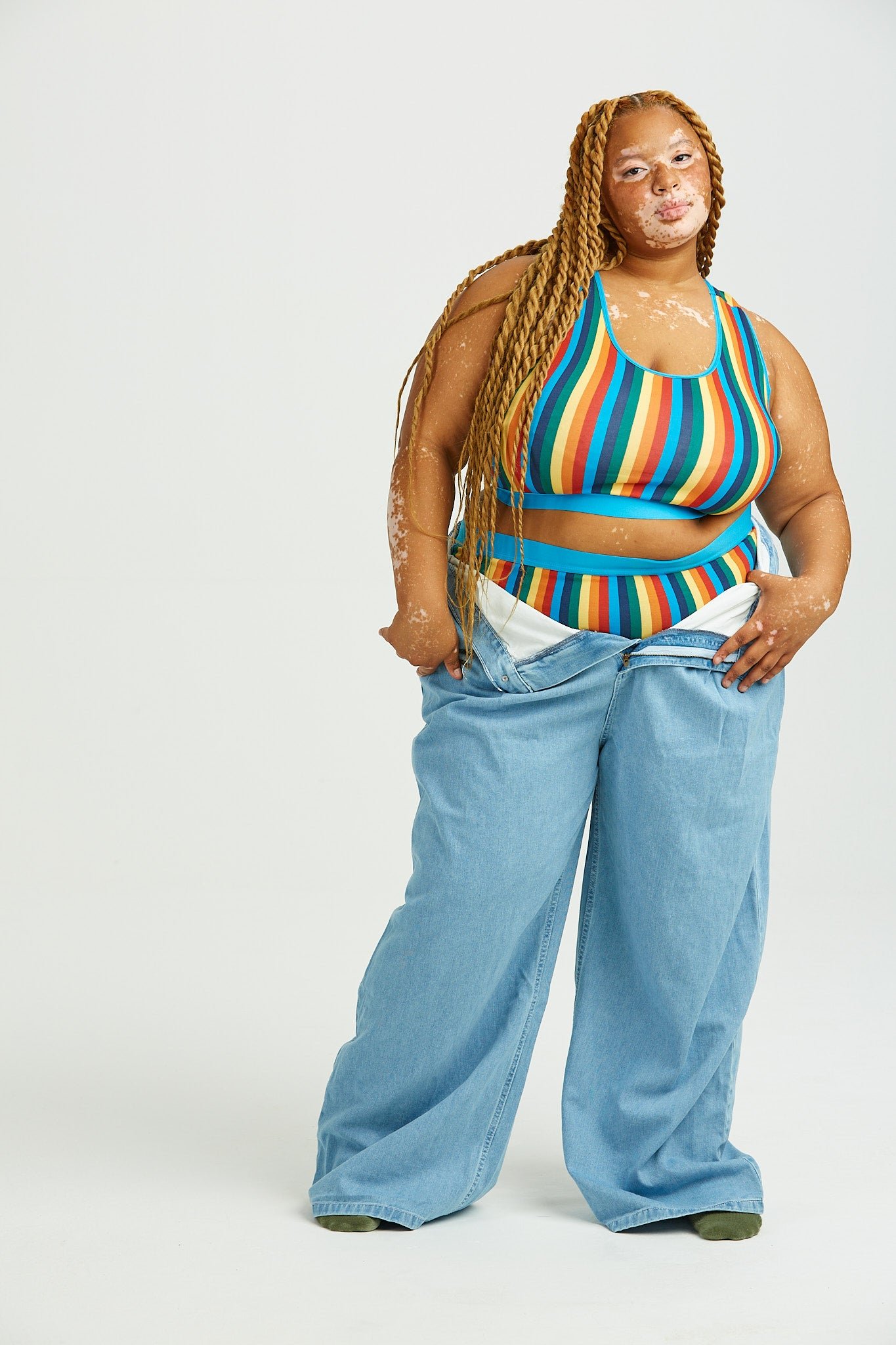 Iona - Racer Back Cotton & Bamboo Crop Top in Rainbow Stripe - Image 6