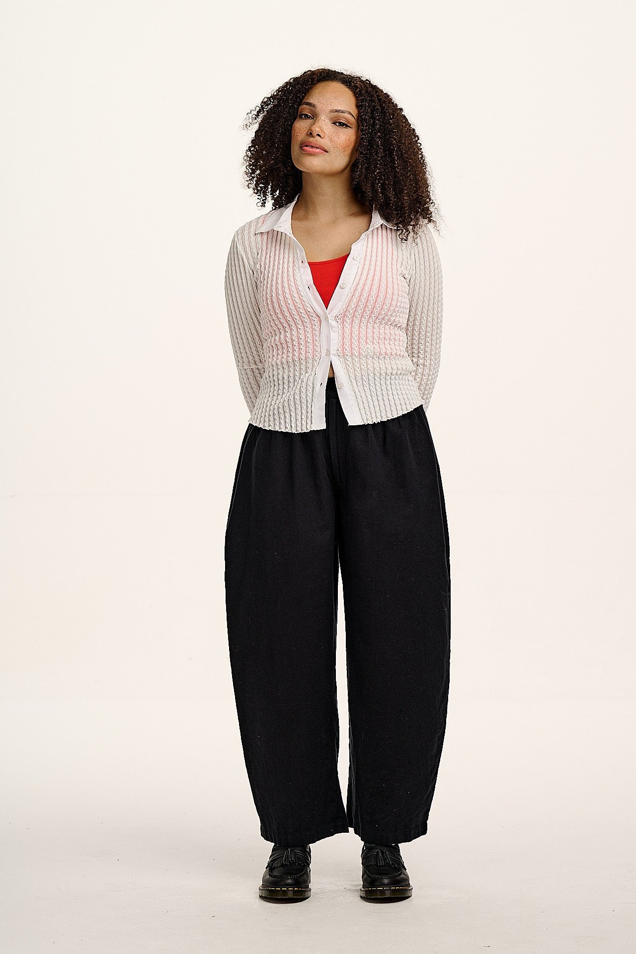 Beau - Barrel Leg Brushed Cotton Trousers in Black - Image 9